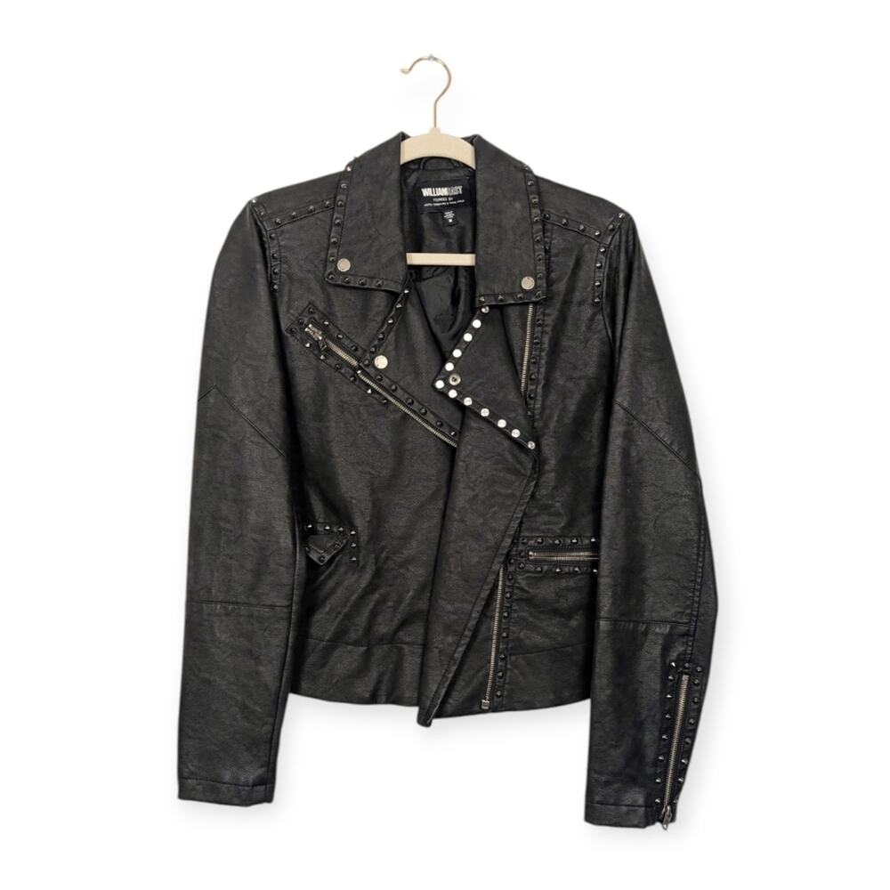 William Rast Moto Biker Jacket M Black Studded Faux Leather Asymmetrical Edgy